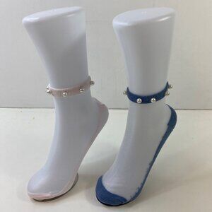 Set 2 Womens Pearl Embellished Sheer Mesh Ankle Socks Pink Blue